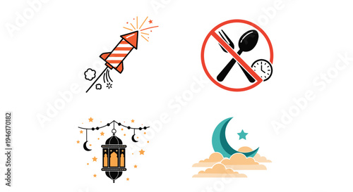 Icon Set Ramadhan Kareem, Eid Mubarak, Eid Al Fitr Flat Minimalist Design Illustration