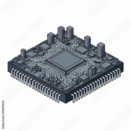 Detailed Isometric View of a Complex Microchip Circuit Board.