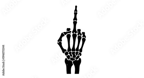 Skeleton hand flipping the bird gesture, black silhouette on white background