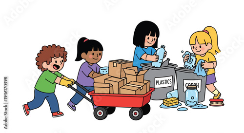 Four diverse children enthusiastically sort and prepare various materials like cardboard, plastics, and glass for recycling.