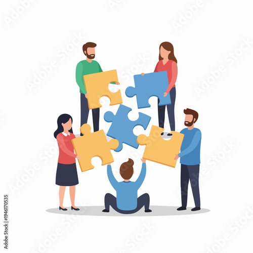 Diverse group of people collaborating to assemble large puzzle pieces.