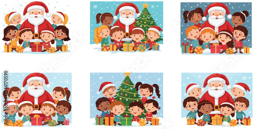 Children with Santa Claus, Christmas celebration, gifts, Christmas tree, festive season, holiday joy, and family gathering illustration.