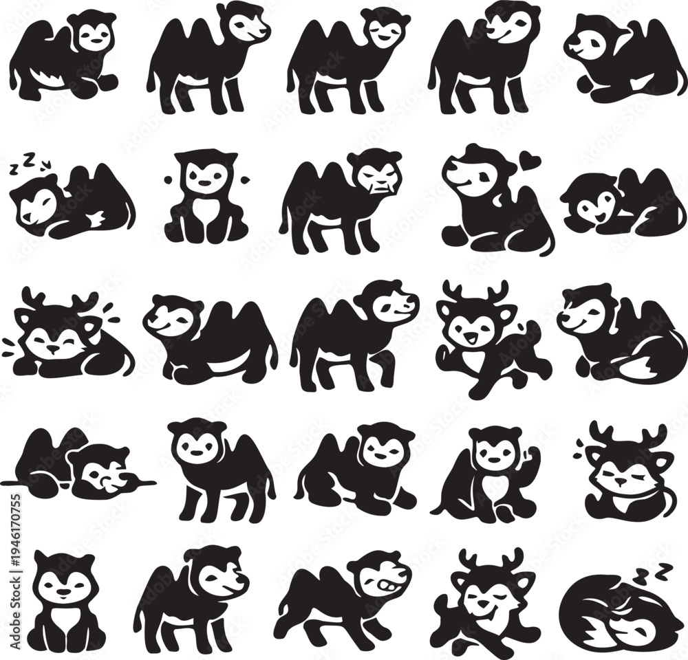 Naklejka premium Cute Camel Icon Set, 25 Cartoon Camel Silhouette Icons, Minimal Desert Animal Vector Collection.