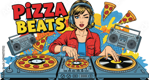 Colorful pop art illustration of female DJ mixing pizza turntables with vinyl records, retro boombox, headphones, music beats background.