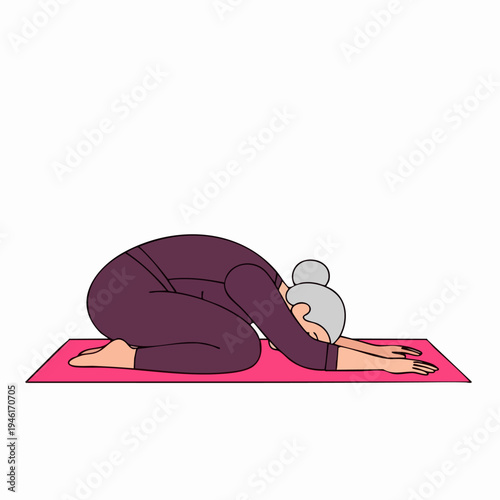Elderly Woman Practicing Yoga Childs Pose on Mat.