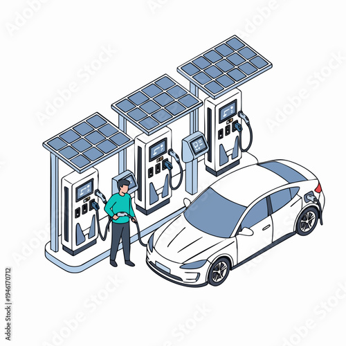 Electric car charging station with solar panels and person.