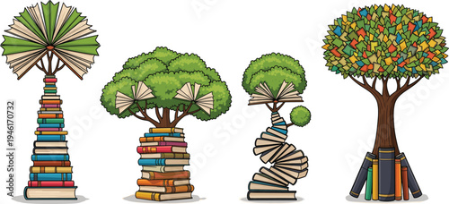 Creative book tree illustration, education knowledge growth, library concept, literature design, learning imagination art, wisdom education vector, academic reading inspiration