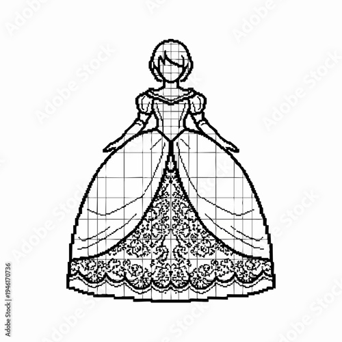 Elegant Ball Gown Illustration with Intricate Lace Detail.