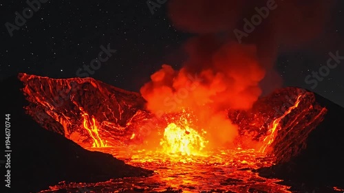 Spectacular nocturnal volcanic eruption illuminates the night sky with a dynamic display of incandescent molten lava, showcasing Earth's raw power and fiery geological activity