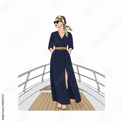 Elegant Woman in a Flowing Navy Blue Dress on a Yacht Deck.
