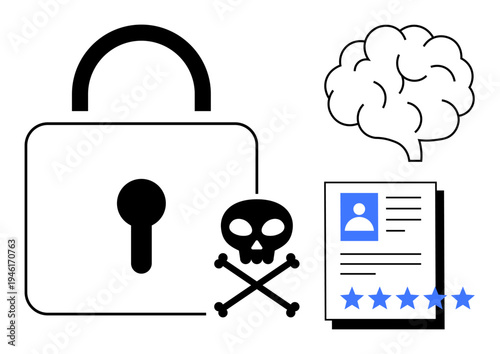 Lock symbol for security, skull for danger, brain for thought, and profile document with stars representing identity and trust. Ideal for cybersecurity, identity protection, data privacy, hacking