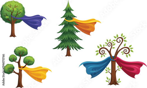 Creative illustration of superhero trees wearing colorful capes, fantasy nature concept, strong environmental symbol, eco hero design for vector artwork