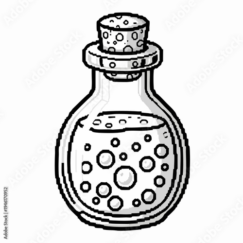 Hand drawn illustration of a bubbling potion bottle.