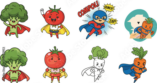 Cute funny cartoon superhero vegetables vector illustration with broccoli, tomato, carrot, and radish characters, colorful design, isolated on white background