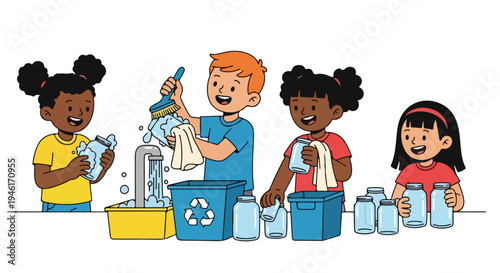 A group of diverse children are actively participating in washing and organizing glass jars for an eco-friendly recycling effort.