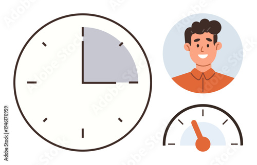 Time management, productivity, scheduling, efficiency, personal development, task prioritization. Smiling person with clock and speedometer. Time management and productivity concept