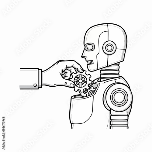 Hand placing gear into robot chest opening.