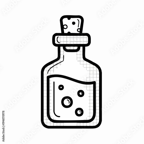 Hand drawn illustration of a potion bottle with bubbles.