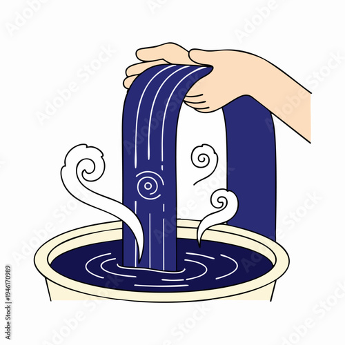 Hand squeezing a dark blue cloth into a basin of water with steam.