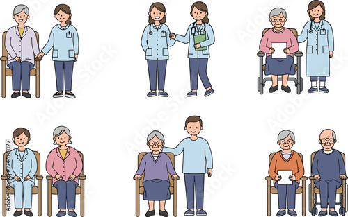 Elderly care and healthcare vector illustration showing senior patients receiving medical assistance, nursing support, consultations, and professional treatment from caregivers