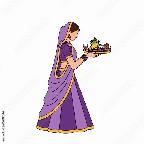 Indian Woman in Traditional Purple Saree Holding Puja Thali.