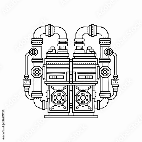 Intricate industrial machinery with pipes and valves in a detailed line art illustration.