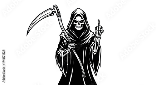 Grim Reaper Flipping Middle Finger with Scythe - Dark Humor