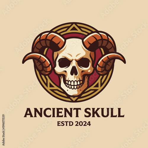 A striking logo featuring a skull with curved horns, evoking themes of mystery and antiquity through its detailed and bold design, appealing for dark art aesthetics.