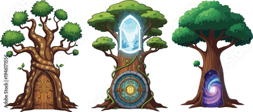 Fantasy magic trees with mystical doors, glowing runes, secret portals, enchanted forest, magical gateway illustration, cartoon adventure background, mysterious nature artwork