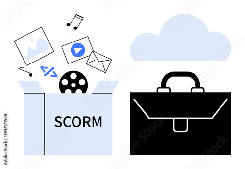 Online education, e-learning platforms, content management, cloud storage, digital resources, technology. Box labeled SCORM with files and media next to a cloud and briefcase icon. E-learning