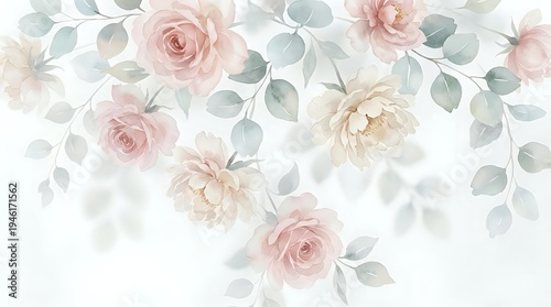 Soft pink roses and peonies with eucalyptus leaves on white background. Romantic floral arrangement for wedding invitations, greeting cards and feminine designs.