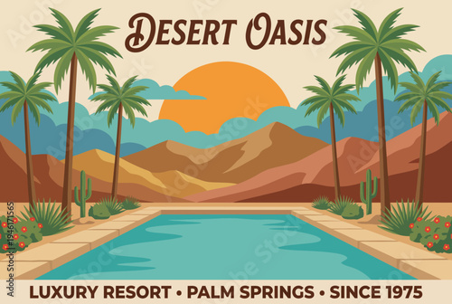 A striking illustration of a serene desert oasis highlighting a picturesque pool framed by palm trees and mountains, embodying relaxation and luxury since 1975.