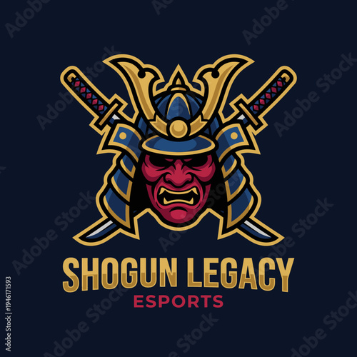 A dynamic esports logo featuring a samurai's fierce face, adorned with traditional helmets and crossed swords, symbolizing strength and legacy in competitive gaming.