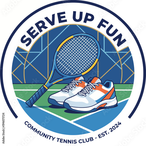 A vibrant logo for the Serve Up Fun community tennis club, illustrating tennis shoes and a racket, symbolizing sportsmanship and community engagement in 2024.