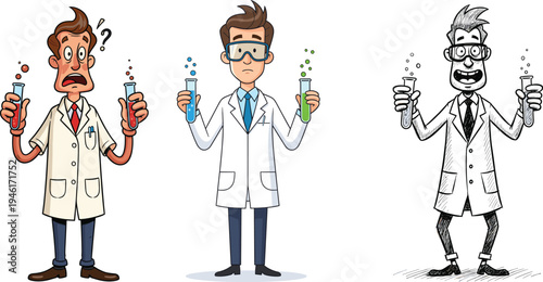 Funny cartoon scientists characters wearing lab coats holding test tubes with chemical experiments, laboratory science research illustration for education and creativity