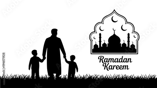 A black silhouette of a man and two children with a mosque in the background