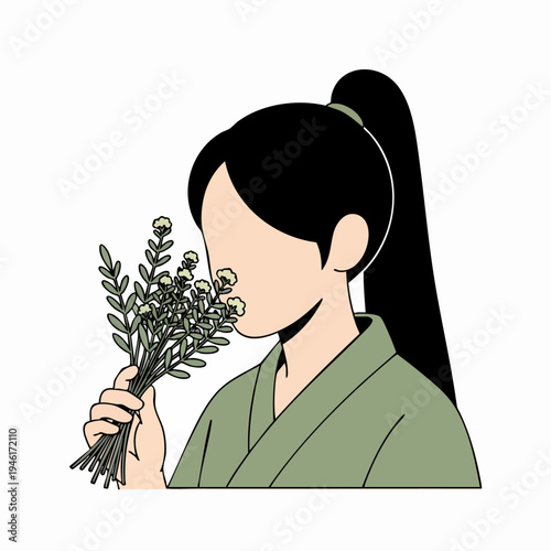 Minimalist illustration of a person smelling flowers.