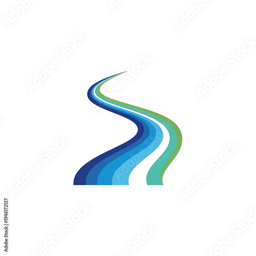 Wavy blue and green road symbol with white background representing journey and movement