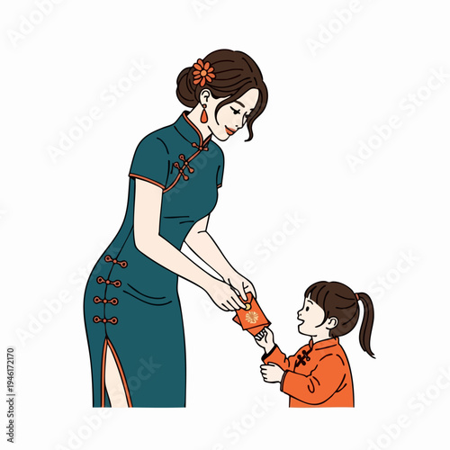 Mother giving red envelope to child during Chinese New Year celebration.