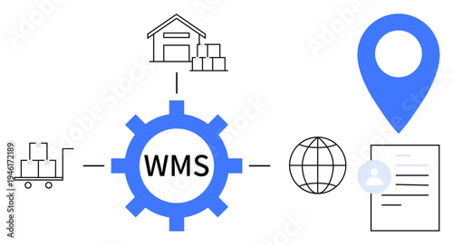 Logistics, supply chain, inventory management, warehouse operations, automation, delivery tracking. Gear with WMS text, icons for storage location and documents. Logistics and inventory management