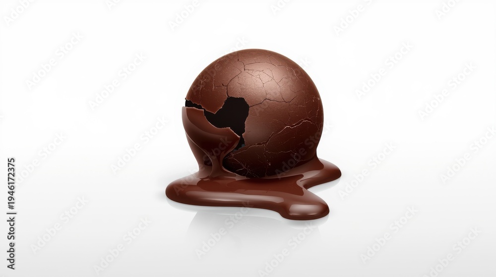 Fototapeta premium Melting chocolate sphere with delicate cracks on white background cracked and dripping
