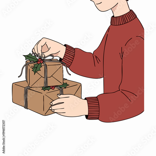 Person carefully wrapping Christmas presents with festive decorations.