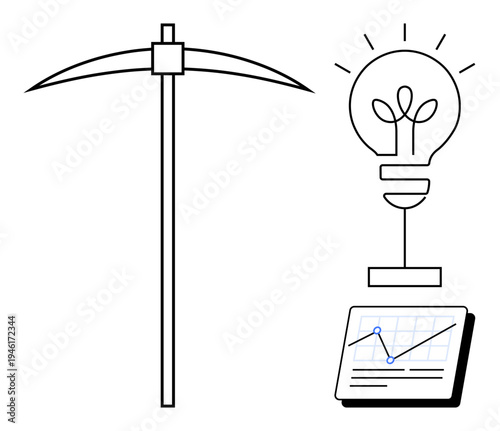 Pickaxe symbolizing labor, light bulb for innovative ideas, and chart showing progress. Ideal for innovation, mining industry, data analysis, growth, resource extraction strategy teamwork. Simple