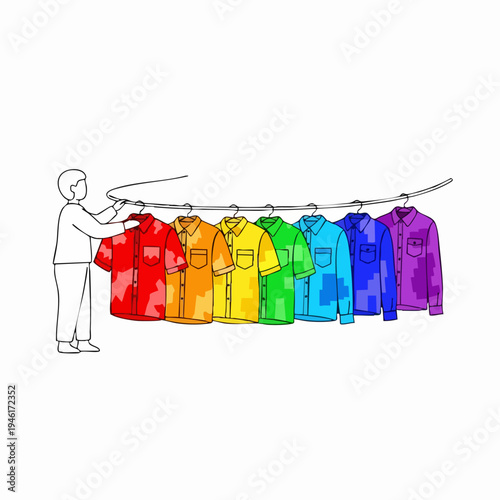 Person hanging colorful shirts on a clothesline.