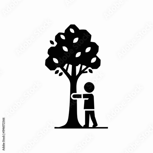 Person hugging a large tree in a silhouette style.