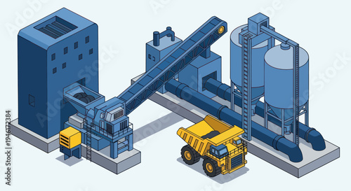 Industrial mining equipment with dump truck and processing plant isometric view.