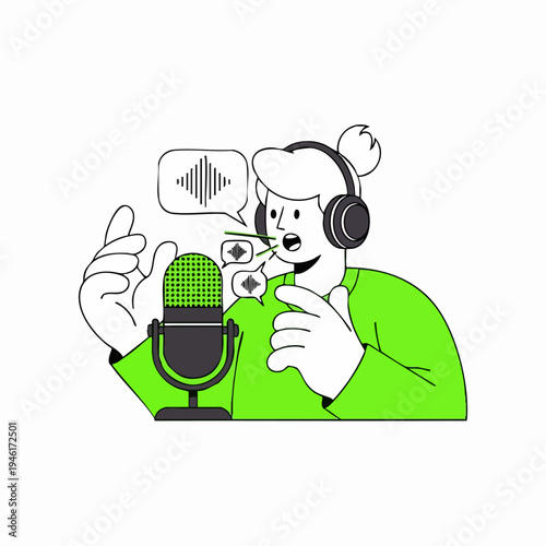 Person wearing headphones speaking into a microphone recording audio.