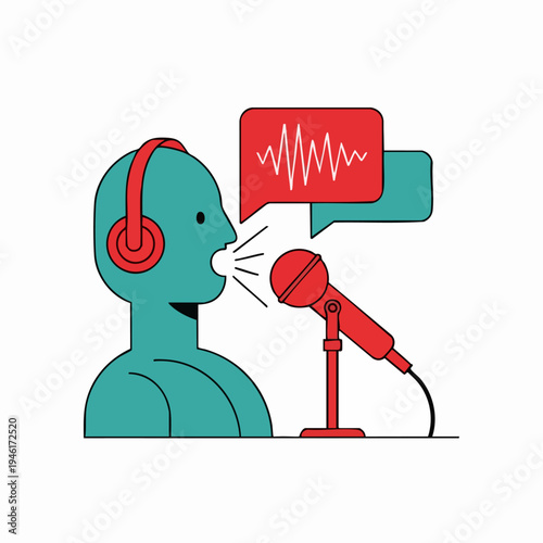 Person with headphones speaking into a microphone with sound waves.