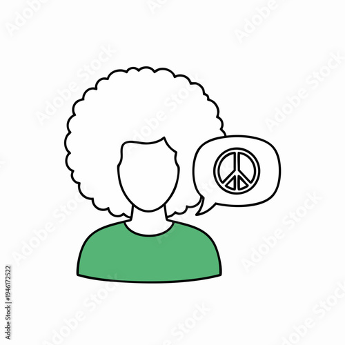 Person with afro hair and peace symbol in speech bubble.