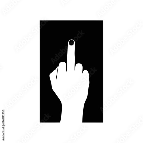 White middle finger silhouette against black background, offensive gesture of defiance